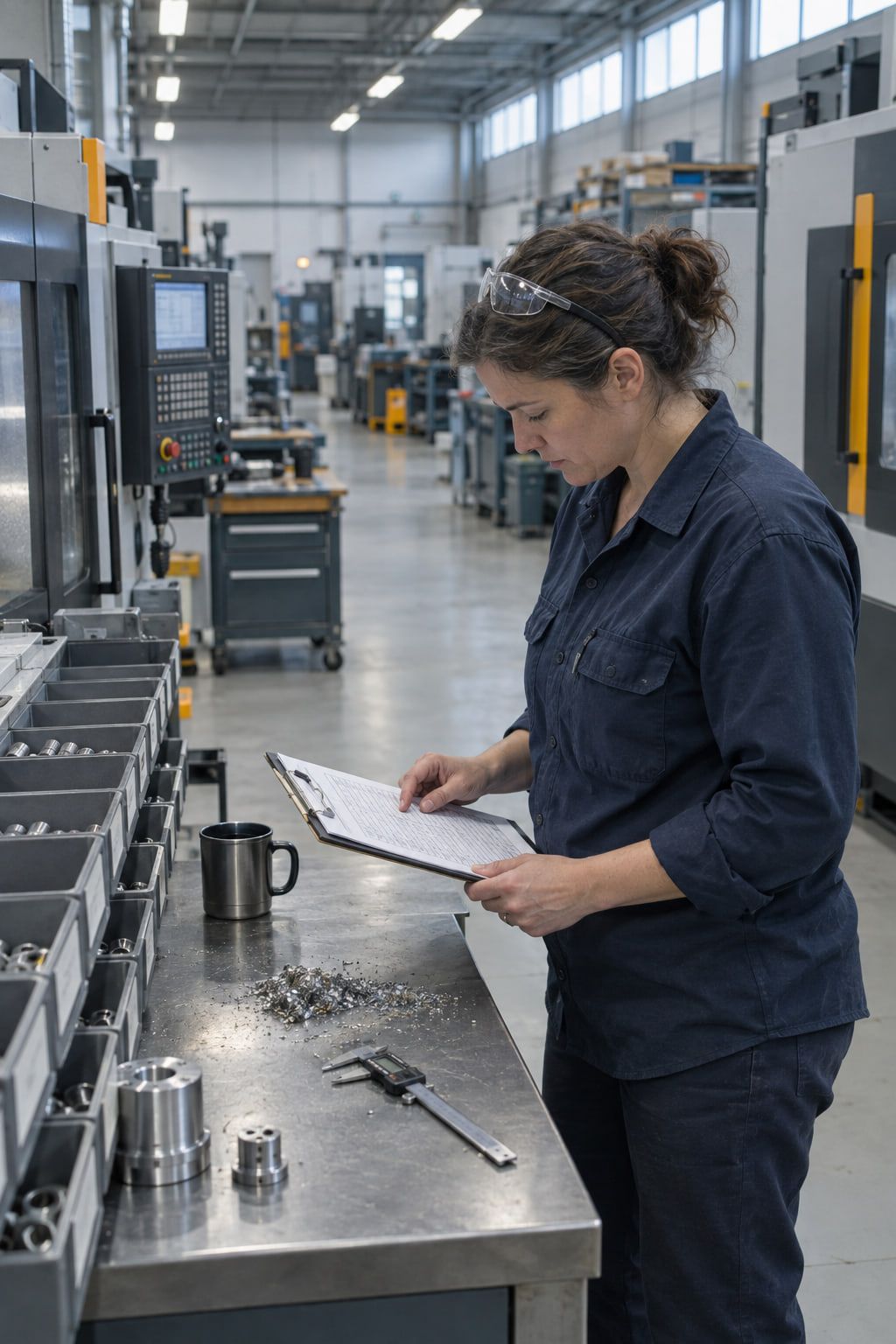 Une responsable de production compare un cahier de charge imprimé aux bacs de pièces, devant des machines d'atelier.