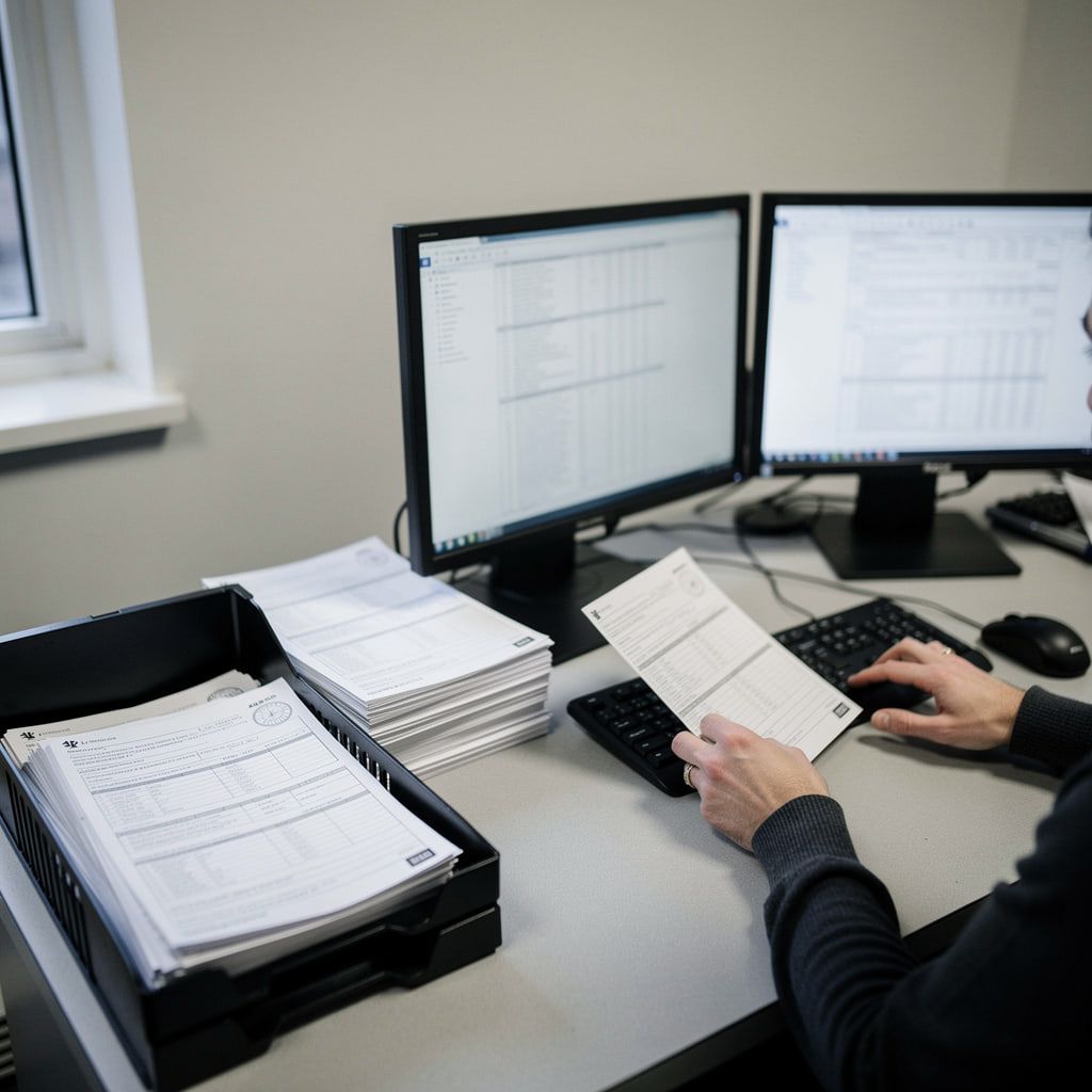 Des mains recopient une donnée d'un formulaire papier vers un clavier, entre un bac de documents et deux écrans.